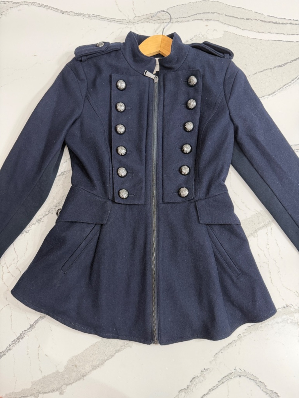 BCBGeneration Womenns Navy Military Fit & Flare Coat Silver Buttons | XS